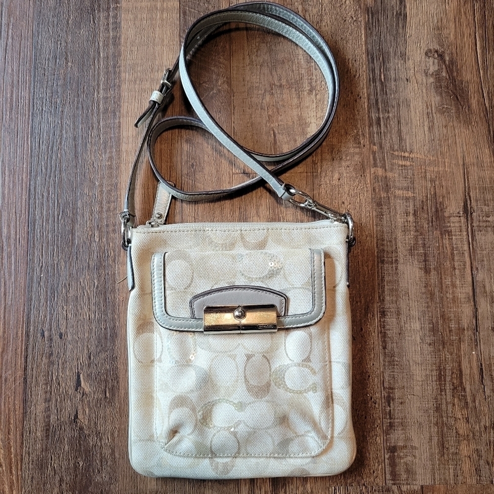 Coach Signature Cream Tan Sequin Crossbody Purse